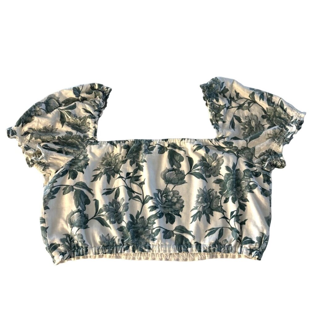 Abercrombie & Fitch Linen Blend Cropped Floral Top Blue White‎ Size XL
